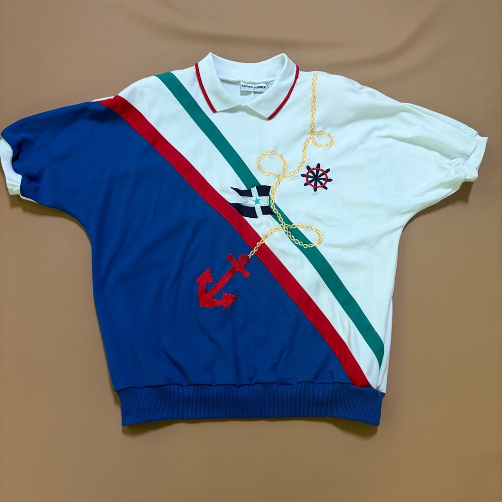 Vintage 80s Alfred Dunner Nautical Polo SS Sweatshirt Embroidered Anchor M Yacht
